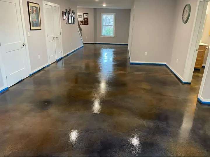 Interior concrete floor stained in Gray and Burnt Sierra in a Roanoke, VA home
